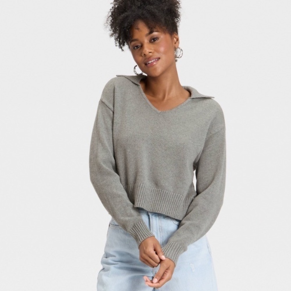 Universal Thread Womens Charcoal Gray Cropped Polo Sweater V-Neck NWT L